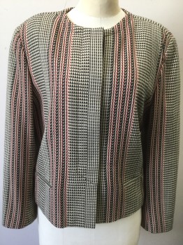Womens, 1990s Vintage, Suit, Jacket, ERREUNO, Beige, Black, Red, Cream, Wool, Polyester, B:36, Specked Weave, with Vertical Stripes of Varying Widths, Long Sleeves, Round Neck,  Heavily Padded Shoulders, Hidden 4 Button Closure at Center Front, Boxy Fit, 2 Welt Pockets,