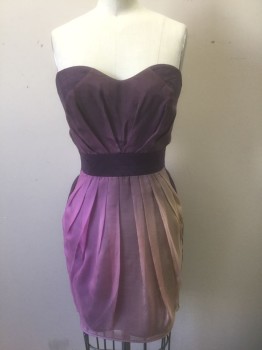 Womens, Cocktail Dress, ZIMMERMANN, Dk Purple, Lilac Purple, Peach Orange, Beige, Silk, Solid, S, Dark Purple Quilted, with Ombre Dyed Pastel Chiffon Panel at Front Below Waist, Gradient of Lilac to Apricot, Strapless, Hem Mini, Pink and Apricot Chiffon Panels in Back Above and Below Waistband