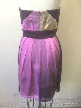 Womens, Cocktail Dress, ZIMMERMANN, Dk Purple, Lilac Purple, Peach Orange, Beige, Silk, Solid, S, Dark Purple Quilted, with Ombre Dyed Pastel Chiffon Panel at Front Below Waist, Gradient of Lilac to Apricot, Strapless, Hem Mini, Pink and Apricot Chiffon Panels in Back Above and Below Waistband
