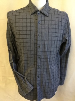OKATIN, Heather Gray, Maroon Red, Cotton, Wool, Plaid-  Windowpane, Collar Attached, Button Front, Long Sleeves,