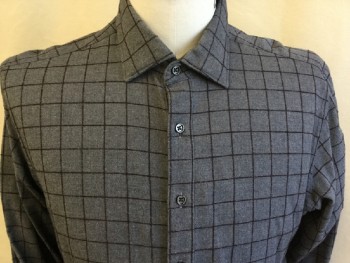 OKATIN, Heather Gray, Maroon Red, Cotton, Wool, Plaid-  Windowpane, Collar Attached, Button Front, Long Sleeves,