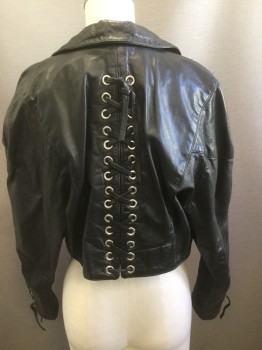 Womens, Leather Jacket, PHILLIP NOEL, Black, Leather, Solid, M, Peaked Lapel, Short, Open Front, Lacing at Sleeves and Back