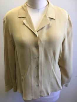 Womens, Blouse, NORDSTROM, Tan Brown, Silk, Solid, B42, Large, Button Front, Shell Buttons, 4 Ply Silk, Long Sleeves, Notched Lapel,