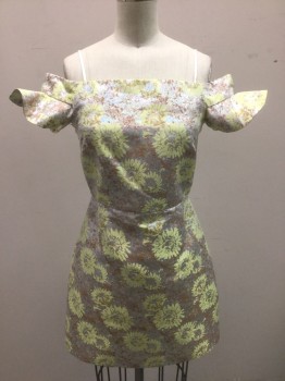 Womens, Cocktail Dress, TOPSHOP, Lt Green, Silver, Gray, Brown, Polyester, Lurex, Floral, 2, Light Green with Silver Metallic, Gray, Brown Floral Pattern Brocade, Cap Sleeves, Off the Shoulder Square Neck, Thin White Satin Spaghetti Straps,  Mini Length
