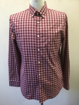 BANANA REPUBLIC, Maroon Red, White, Navy Blue, Cotton, Polyester, Plaid-  Windowpane, Maroon with White and Navy Windowpane Plaid, Long Sleeve Button Front, Collar Attached, Button Down Collar, 1 Patch Pocket, Slim Fit
