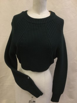 Womens, Pullover, TOPSHOP, Dk Green, Cotton, Solid, 2, Dark Forrest Green Ribbed, Vertical/diagonal/horizontal Ribbed Pattern, Round Neck with Goldenrod Inside,  Cropped, Long Sleeves,