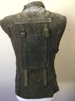 N/L MTO, Brown, Synthetic, Solid, Quilted with Canvas Tactical Panel Overlay, Snap Closures at Front, Rib Knit Neck, Various Tactical Webbed Straps, Buckles, Loops, Etc, Aged/Dirty Throughout