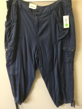 Womens, Casual Pants, STYLE & CO, Blue, Lyocell, Solid, 18, Capri, Patch/ Flap Pockets, Drawstring Ankles