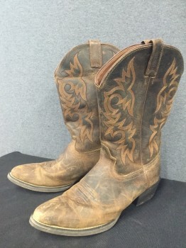 Mens, Cowboy Boots , JUSTIN, Dk Brown, Leather, Solid, 13EE, with Brown/Caramel Embroidery, Rounded/Tapered Toe, Cuban Heel, Aged