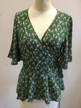 BOBEAU, Green, Pink, Polyester, Floral, Green with Pink Floral Pattern, Surplice Wrap Top with Self Belt Attached, Flutter Short Sleeves