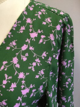BOBEAU, Green, Pink, Polyester, Floral, Green with Pink Floral Pattern, Surplice Wrap Top with Self Belt Attached, Flutter Short Sleeves