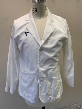 LANDAU, White, Polyester, Cotton, Solid, Short, Notched Lapel, 3 Buttons, Navy Embroidered Medical Symbol on Chest, 3 Pockets, Long Sleeves, Single Back Vent