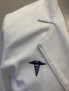 LANDAU, White, Polyester, Cotton, Solid, Short, Notched Lapel, 3 Buttons, Navy Embroidered Medical Symbol on Chest, 3 Pockets, Long Sleeves, Single Back Vent