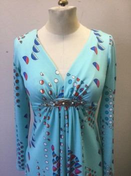 N/L, Baby Blue, Blue, Fuchsia Pink, Red, White, Polyester, Geometric, Baby Blue Background with Red/Blue/Fuchsia/White Abstract Circles/Half Circles Pattern, Long Sleeves, Maxi Dress, V-neck, Empire Waist with Metal Brooch Detail at Center Front with Pearls, Gathered Below Brooch,