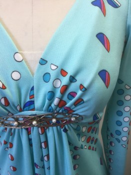 N/L, Baby Blue, Blue, Fuchsia Pink, Red, White, Polyester, Geometric, Baby Blue Background with Red/Blue/Fuchsia/White Abstract Circles/Half Circles Pattern, Long Sleeves, Maxi Dress, V-neck, Empire Waist with Metal Brooch Detail at Center Front with Pearls, Gathered Below Brooch,