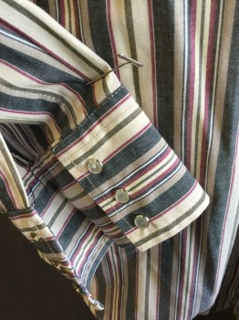 ELY, Beige, Heather Gray, Maroon Red, Olive Green, Putty/Khaki Gray, Polyester, Cotton, Stripes - Vertical , Collar Attached, Shinny Pearly with Silver Rim Snap Front, Western Yokes Upper Front & Back, 2 Pockets with Flap, Long Sleeves,
