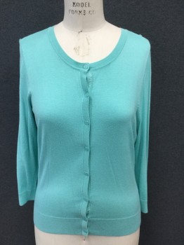 HALOGEN, Mint Green, Viscose, Nylon, Solid, Button Front, Scoop Neck, Ribbed Knit Neck/Waistband/Cuff, 3/4 Sleeve