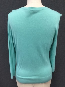 HALOGEN, Mint Green, Viscose, Nylon, Solid, Button Front, Scoop Neck, Ribbed Knit Neck/Waistband/Cuff, 3/4 Sleeve