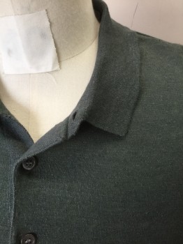THEORY, Dk Green, Linen, Synthetic, Solid, Knit, Short Sleeves, 3 Button Front, Collar Attached