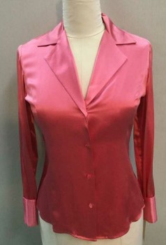 DANA BUCHMAN, Pink, Silk, Solid, Silk Satin, Long Sleeve Button Front, Notched Collar, V-neck, Princess Seams