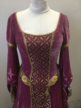 Womens, Historical Fiction Dress, BILL HARGATE, Magenta Pink, Gold, Cotton, Polyester, Solid, Geometric, W24-30, B:32-8, Magenta Crushed Velvet with Magenta and Gold Iridescent Ornate Patterned Brocade Down Center Front, Scoop Neck, Gothic Drapey Sleeves with Burnout Velvet Ornately Swirled Edges, Gold Metallic Lamé Under Sleeves, Lacing/Ties in Back, Floor Length, Medieval Made to Order **With Matching Belt, Gold Lace with Gold Metal Plaques, Gold Chains