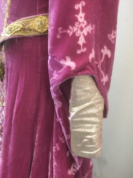 BILL HARGATE, Magenta Pink, Gold, Cotton, Polyester, Solid, Geometric, Magenta Crushed Velvet with Magenta and Gold Iridescent Ornate Patterned Brocade Down Center Front, Scoop Neck, Gothic Drapey Sleeves with Burnout Velvet Ornately Swirled Edges, Gold Metallic Lamé Under Sleeves, Lacing/Ties in Back, Floor Length, Medieval Made to Order **With Matching Belt, Gold Lace with Gold Metal Plaques, Gold Chains