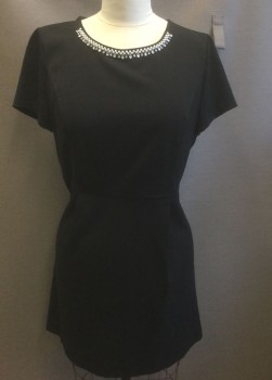 Womens, Dress, Short Sleeve, KENZIE, Black, Pearl White, Polyester, Rayon, Solid, XL, Solid Black Gabardine with Pearls and Silver Teardrop Shaped Jewels at Scoop Neck, Cap-Sleeves, Above Knee Length, Princess Seams, Silver Zipper at Center Back