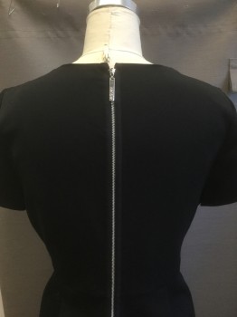 Womens, Dress, Short Sleeve, KENZIE, Black, Pearl White, Polyester, Rayon, Solid, XL, Solid Black Gabardine with Pearls and Silver Teardrop Shaped Jewels at Scoop Neck, Cap-Sleeves, Above Knee Length, Princess Seams, Silver Zipper at Center Back