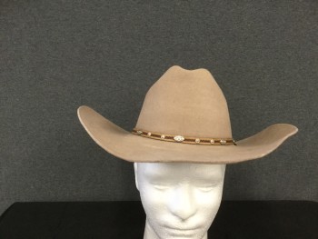 Mens, Cowboy Hat, MHT WESTERNS, Tan Brown, Fur, Solid, 7 1/4, Fur Felt, Brown Hat Band with Dark Brown Braided Detail and Silver Medallions (Pressed and Discolored Areas on Top Crown and Brim)