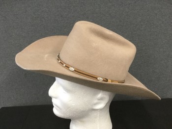 Mens, Cowboy Hat, MHT WESTERNS, Tan Brown, Fur, Solid, 7 1/4, Fur Felt, Brown Hat Band with Dark Brown Braided Detail and Silver Medallions (Pressed and Discolored Areas on Top Crown and Brim)