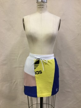 Womens, Skirt, Mini, ADIDAS, White, Yellow, Blue, Beige, Black, Poly/Cotton, Solid, M, Jersey Knit, Novelty Panelled Patchwork. ADIDAS in Black Flock, Elasticated and Drawstring Waist
