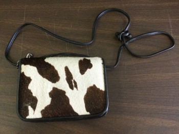 Womens, Purse, DONALD J. PLINER, White, Brown, Black, Leather, Animal Print, O/S, Small Black Leather Purse with White/Brown Cowhide, Black Leather Spaghetti Shoulder Strap, Flap Open, Mirror Inside