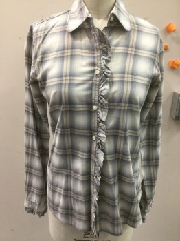 GAP, Slate Blue, White, Beige, Black, Cotton, Plaid, Button Front, Ruffled Placket, Long Sleeves, Collar Attached,