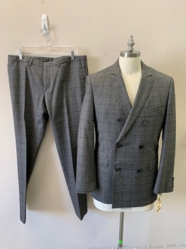 BOSS, Lt Gray, Black, Wool, Houndstooth, Check , Double Breasted, Peaked Lapel, 3 Pockets,
