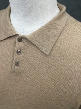 BRANDINI, Camel Brown, Wool, Solid, Pullover Polo Style, Eb Collar Attached, Long Sleeves, Ribbed Knit Cuff/Waistband