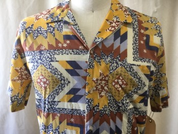 URBAN OUTFITTERS, Cream, Brown, Yellow, Navy Blue, Cotton, Geometric, Floral, Self Quilt Inspired Print, Short Sleeves, Collar Attached, Notched Collar, Button Front, 1 Pocket,