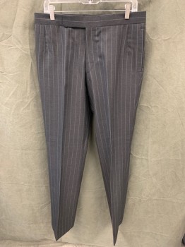 LEONARD LOGSDAIL, Charcoal Gray, White, Wool, Stripes - Pin, Flat Front, Tab Closure, Zip Fly, 4 Pockets