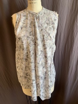 Womens, Blouse, H & M, Gray, Dk Gray, Lt Gray, Teal Blue, Off White, Polyester, Abstract , 2, Crew Neck with 3/4" Seam with 1 Silver Small Button,  Hidden Button Front, Diagonal Handkerchief Self Over Layer Work, Sleeveless,