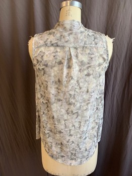 Womens, Blouse, H & M, Gray, Dk Gray, Lt Gray, Teal Blue, Off White, Polyester, Abstract , 2, Crew Neck with 3/4" Seam with 1 Silver Small Button,  Hidden Button Front, Diagonal Handkerchief Self Over Layer Work, Sleeveless,