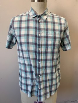 Mens, Casual Shirt, RVCA, Lt Blue, Gray, White, Red, Cotton, Plaid-  Windowpane, L, Short Sleeve Button Front, Collar Attached, 1 Patch Pocket