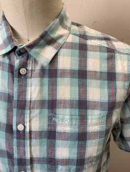Mens, Casual Shirt, RVCA, Lt Blue, Gray, White, Red, Cotton, Plaid-  Windowpane, L, Short Sleeve Button Front, Collar Attached, 1 Patch Pocket