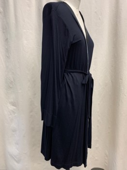 Womens, SPA Robe, ALFANI INTIMATES, Black, Modal, Spandex, Solid, S, Long Sleeves, Surplice V-neck with Satin Trim, Attached Cinched Self Tie Waistband, Below the Knee Length,