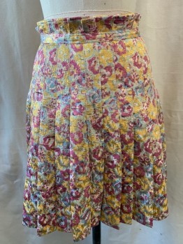 Womens, Skirt, Mini, ZAC POSEN, Yellow, Sky Blue, White, Magenta Pink, Mint Green, Polyester, Nylon, Floral, 25, All Over Gold Metallic, Paper Bag Pleated Waist, Pleated, A-Line, Zip Back