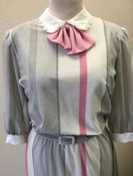 T JUNIORS, Lt Gray, Bubble Gum Pink, Gray, Polyester, Stripes - Vertical , 3/4 Sleeves, Solid White Peter Pan Collar with Scallopped Lace Trim, Pink Bow at Center Front Neck, Padded Shoulders, Elastic Waist, Knee Length, **With Matching Self Fabric Belt,