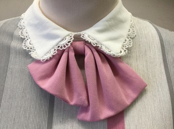 T JUNIORS, Lt Gray, Bubble Gum Pink, Gray, Polyester, Stripes - Vertical , 3/4 Sleeves, Solid White Peter Pan Collar with Scallopped Lace Trim, Pink Bow at Center Front Neck, Padded Shoulders, Elastic Waist, Knee Length, **With Matching Self Fabric Belt,