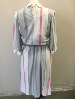 T JUNIORS, Lt Gray, Bubble Gum Pink, Gray, Polyester, Stripes - Vertical , 3/4 Sleeves, Solid White Peter Pan Collar with Scallopped Lace Trim, Pink Bow at Center Front Neck, Padded Shoulders, Elastic Waist, Knee Length, **With Matching Self Fabric Belt,