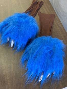 Unisex, Piece 3, MTO, Blue, Dk Brown, Synthetic, Rubber, Solid, Paw-Claw Gloves, Blue Faux Fur with Rubber Claws Based on Knit Glove, Mended Holes