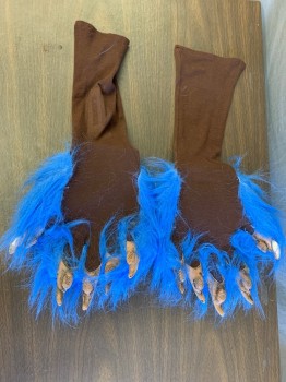 MTO, Blue, Dk Brown, Synthetic, Rubber, Solid, Paw-Claw Gloves, Blue Faux Fur with Rubber Claws Based on Knit Glove, Mended Holes