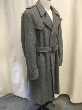 Mens, Coat, Overcoat, N/L, Gray, Lt Gray, Wool, Heathered, M, 40, Spread Collar, Double-Breasted, Shoulder Epaulets, 2  Flap Besom Pockets, Belted Cuffs, Belted Waist, Back Vent, Front Shoulder Gun Flaps, Below the Knee Length, Mauve Leather Buckles