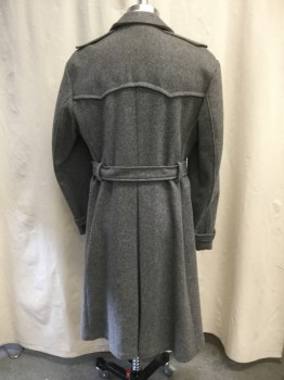 Mens, Coat, Overcoat, N/L, Gray, Lt Gray, Wool, Heathered, M, 40, Spread Collar, Double-Breasted, Shoulder Epaulets, 2  Flap Besom Pockets, Belted Cuffs, Belted Waist, Back Vent, Front Shoulder Gun Flaps, Below the Knee Length, Mauve Leather Buckles